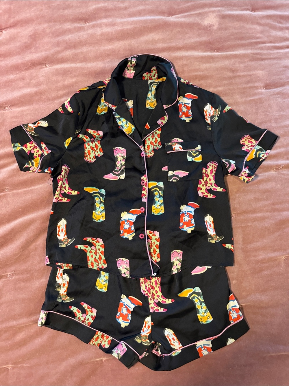 Splendid Black Short-Sleeve Pajama Set with Multicolor Cowboy Boot Print